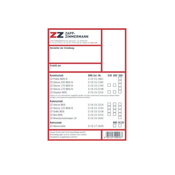 ZZ Kennzeichnungsschild AbZ Systeme f. ZZ-Systeme m. allg. bauauf. Zulassung