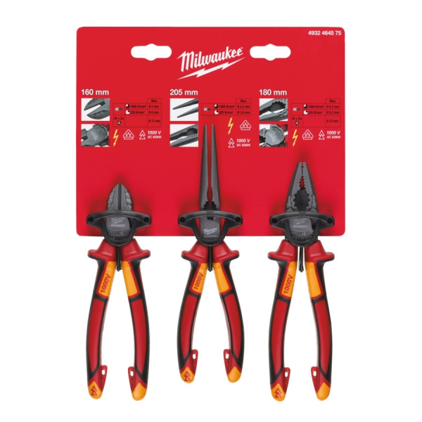 Milwaukee Zangenset VDE-geprüft 3-tlg. Seitenschneider, Rund- u. Kombizange