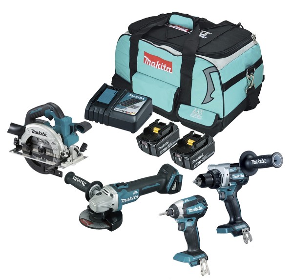 Makita Akku-Kombo-Kit DLX4156TX1 18V 2 Akkus, 4 Maschinen, Ladegerät + Tasche
