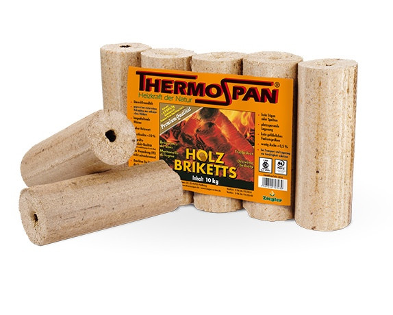 Ziegler Briketts Thermospan Premium 10kg Fichte u. Kiefer rund m. Zugloch