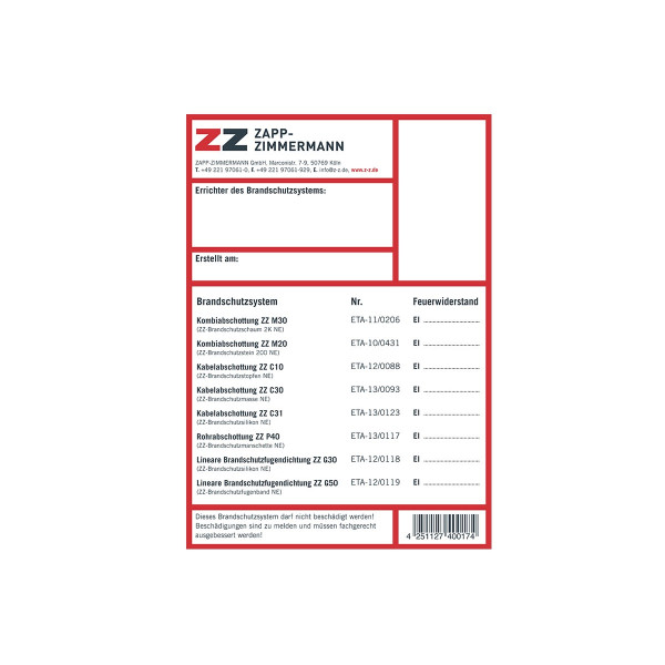 ZZ Kennzeichnungsschild ETA Systeme f. ZZ-Systeme m. Europ. techn. Zulassung