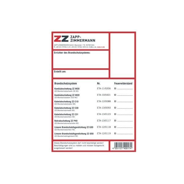 ZZ Kennzeichnungsschild ETA Systeme f. ZZ-Systeme m. Europ. techn. Zulassung