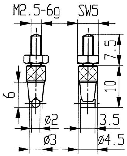 Messeinsatz D.2mm horiz. Zyl. M2.5 HM f. Messuhren Käfer