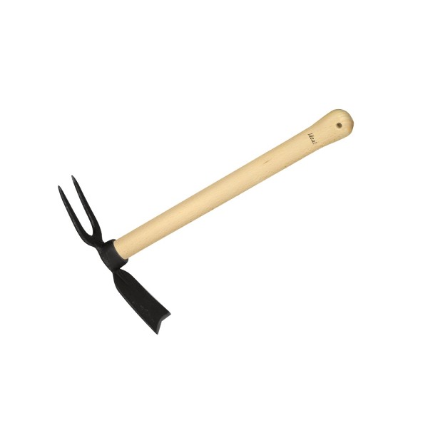 Ideal double hoe, 2 pointed teeth, broad leaf, 40 cm beech handle, handmade.
