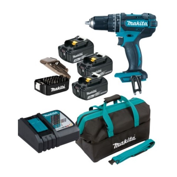 Makita Akku-Schlagbohrschrauber 18V 3x3.0Ah Ladegerät Bit-Set u. Tasche