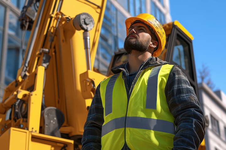 Construction Worker in Reflective Vest Directing Crane Operation on Construction Site, Safety, Teamwork, and Expertise in Action